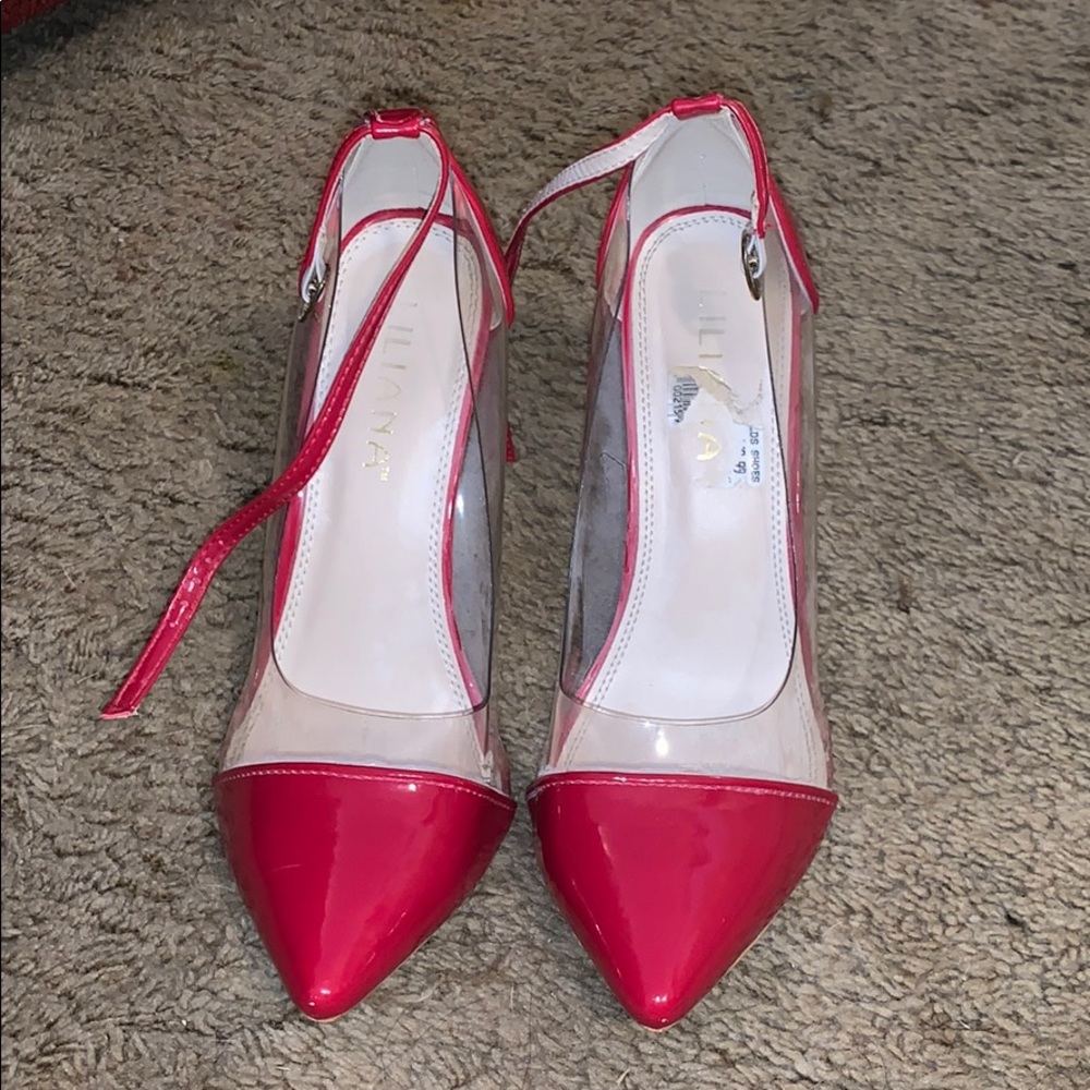 Red clear pointy heels